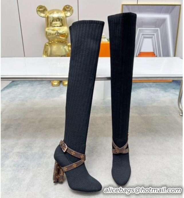 Cheap Price Louis Vuitton Silhouette Knit Heel High Boots 10cm with Buckle Strap Black LV08142 814096