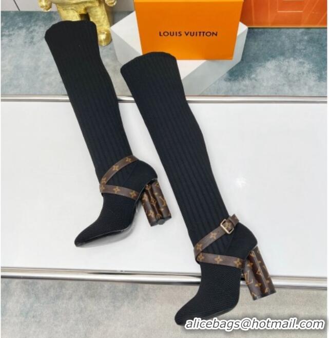 Cheap Price Louis Vuitton Silhouette Knit Heel High Boots 10cm with Buckle Strap Black LV08142 814096