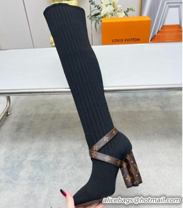 Cheap Price Louis Vuitton Silhouette Knit Heel High Boots 10cm with Buckle Strap Black LV08142 814096