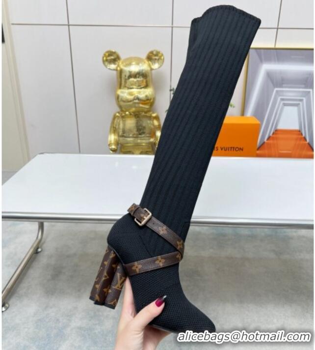 Cheap Price Louis Vuitton Silhouette Knit Heel High Boots 10cm with Buckle Strap Black LV08142 814096