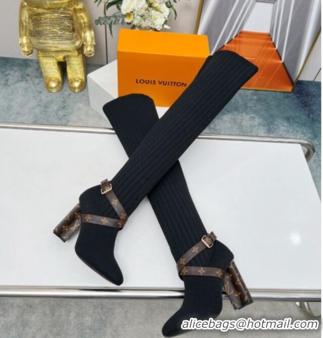 Cheap Price Louis Vuitton Silhouette Knit Heel High Boots 10cm with Buckle Strap Black LV08142 814096