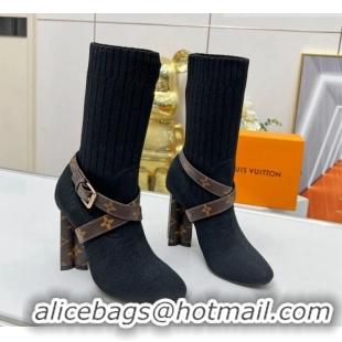 Top Grade Louis Vuitton Silhouette Knit Heel Ankle Boots 10cm with Buckle Strap Black LV08142 814097