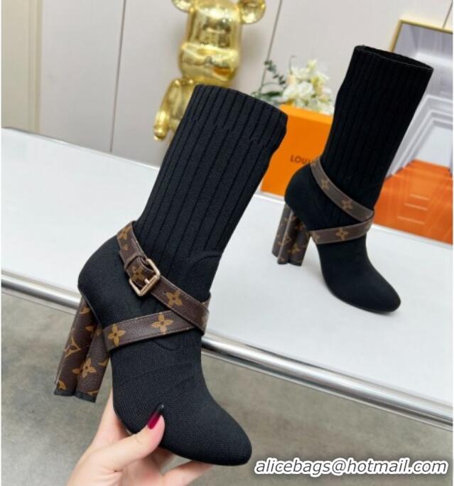 Top Grade Louis Vuitton Silhouette Knit Heel Ankle Boots 10cm with Buckle Strap Black LV08142 814097