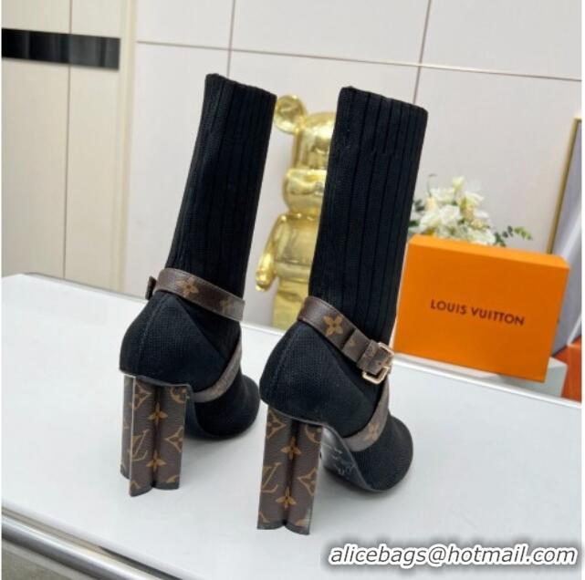 Top Grade Louis Vuitton Silhouette Knit Heel Ankle Boots 10cm with Buckle Strap Black LV08142 814097