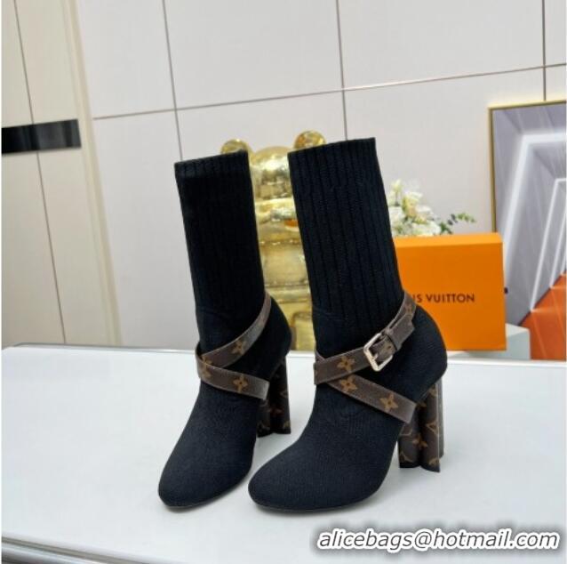 Top Grade Louis Vuitton Silhouette Knit Heel Ankle Boots 10cm with Buckle Strap Black LV08142 814097