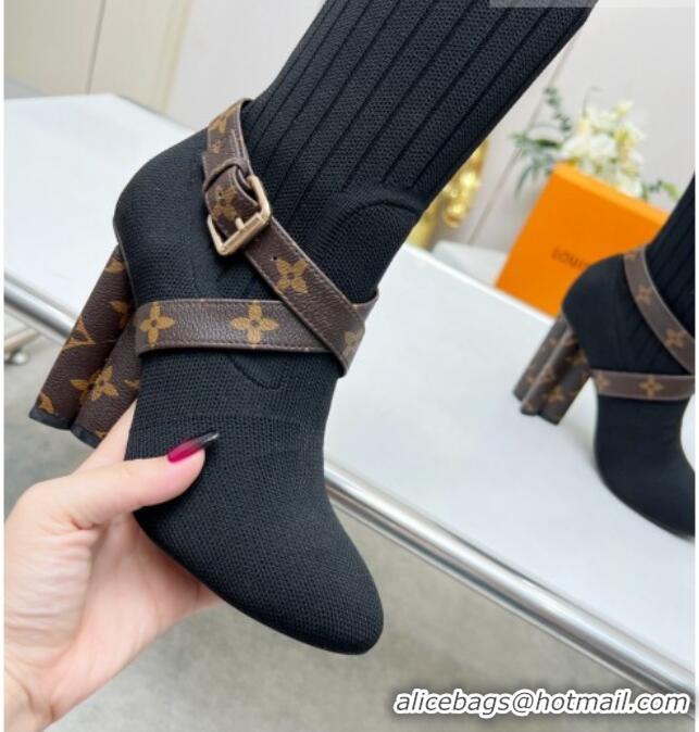 Top Grade Louis Vuitton Silhouette Knit Heel Ankle Boots 10cm with Buckle Strap Black LV08142 814097