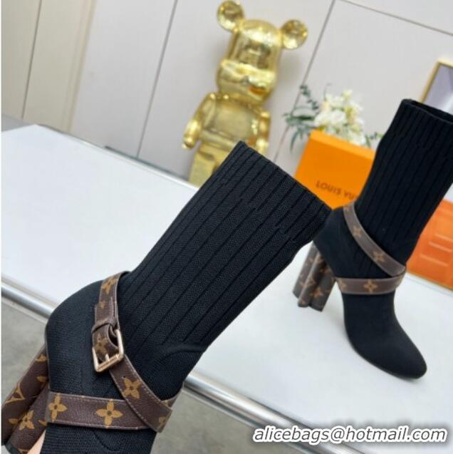 Top Grade Louis Vuitton Silhouette Knit Heel Ankle Boots 10cm with Buckle Strap Black LV08142 814097