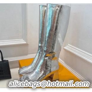 Stylish Louis Vuitton Shake Heel High Boots 5.5cm in Snakeskin-Like Leather Silver 821037