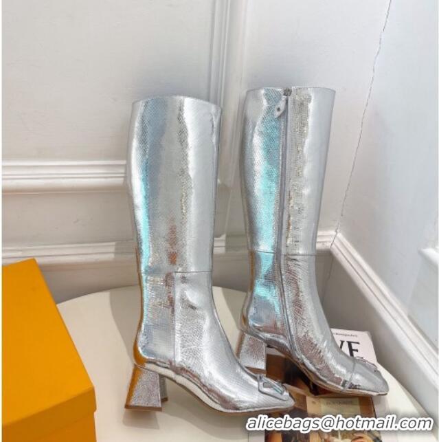 Stylish Louis Vuitton Shake Heel High Boots 5.5cm in Snakeskin-Like Leather Silver 821037