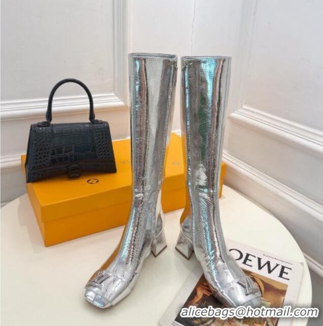 Stylish Louis Vuitton Shake Heel High Boots 5.5cm in Snakeskin-Like Leather Silver 821037