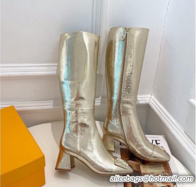 Purchase Louis Vuitton Shake Heel High Boots 5.5cm in Snakeskin-Like Leather Gold 821038