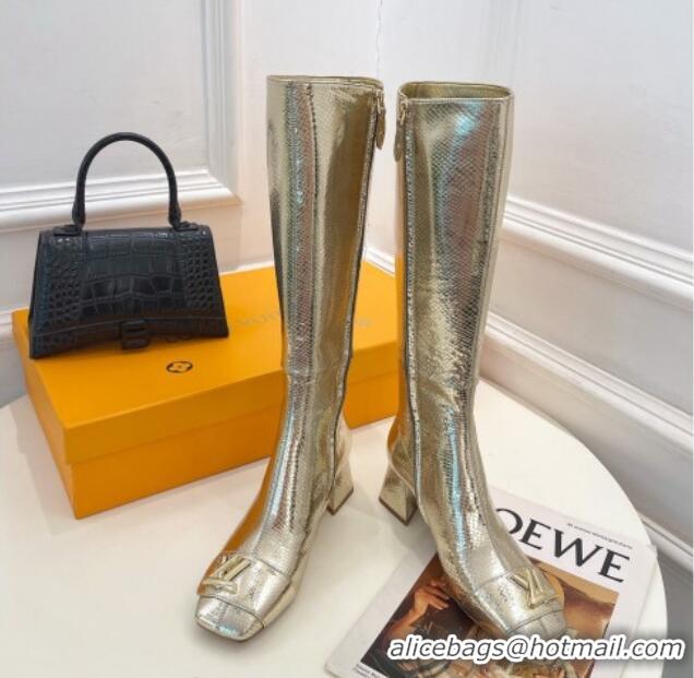 Purchase Louis Vuitton Shake Heel High Boots 5.5cm in Snakeskin-Like Leather Gold 821038