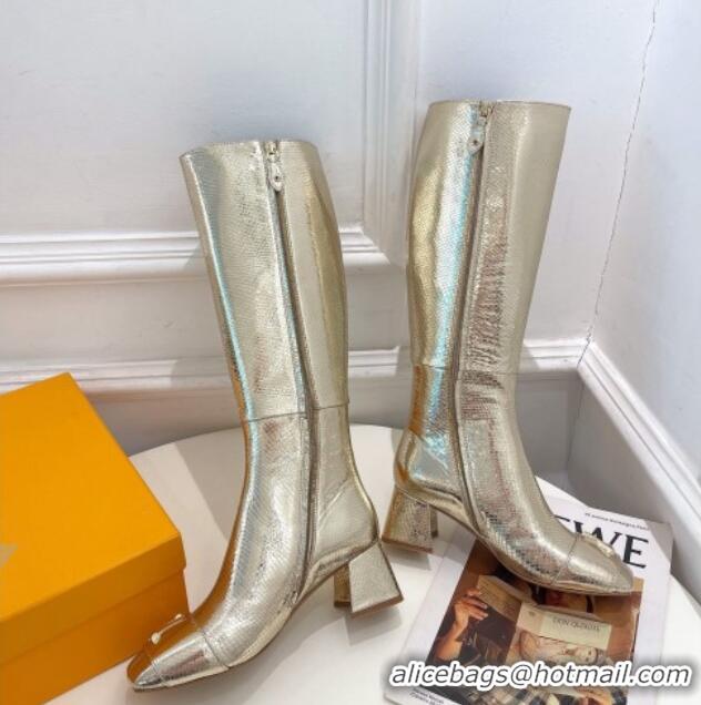 Purchase Louis Vuitton Shake Heel High Boots 5.5cm in Snakeskin-Like Leather Gold 821038