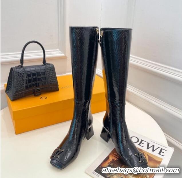 Hot Style Louis Vuitton Shake Heel High Boots 5.5cm in Snakeskin-Like Leather Black 821039