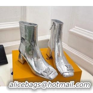 Grade Louis Vuitton Shake Heel Ankle Boots 5.5cm in Snakeskin-Like Leather Silver 821042