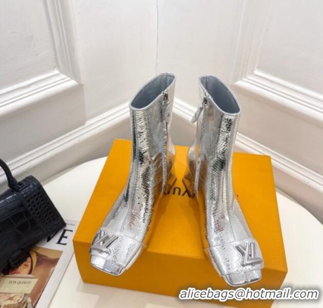 Grade Louis Vuitton Shake Heel Ankle Boots 5.5cm in Snakeskin-Like Leather Silver 821042