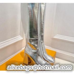 Pretty Style Louis Vuitton Shake Heel High Boots 9cm in Snakeskin-Like Leather Silver 831032