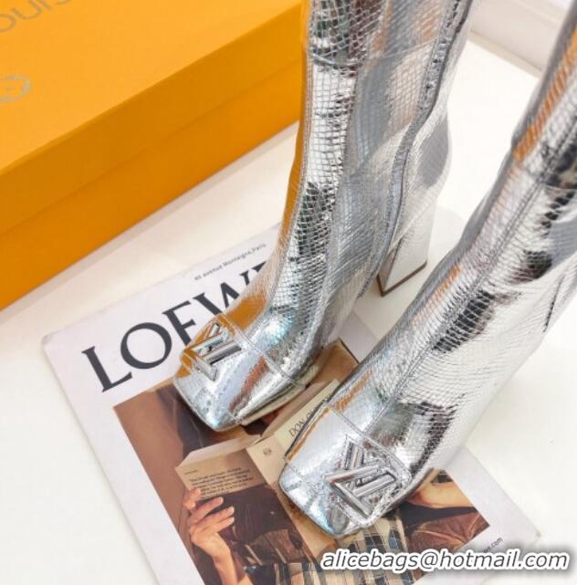 Pretty Style Louis Vuitton Shake Heel High Boots 9cm in Snakeskin-Like Leather Silver 831032