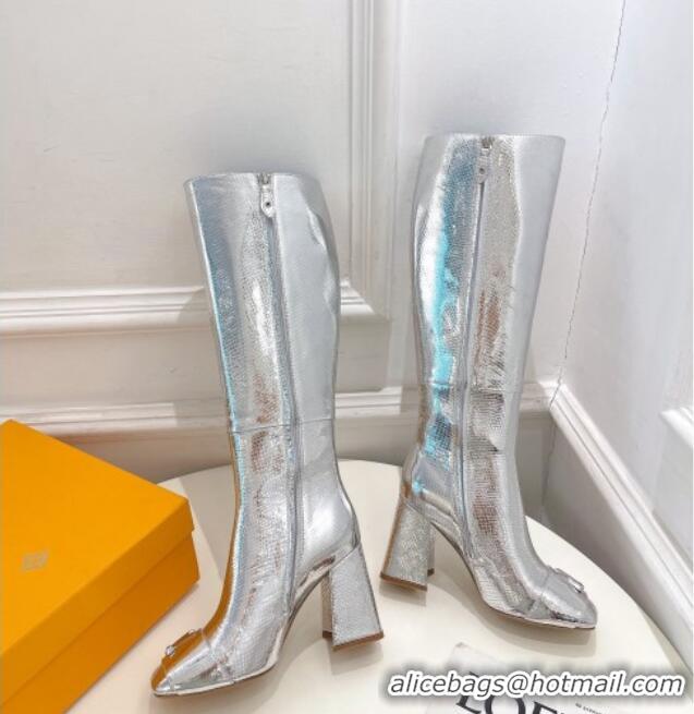 Pretty Style Louis Vuitton Shake Heel High Boots 9cm in Snakeskin-Like Leather Silver 831032