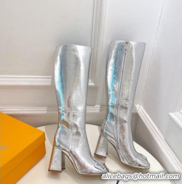 Pretty Style Louis Vuitton Shake Heel High Boots 9cm in Snakeskin-Like Leather Silver 831032