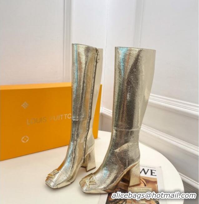 Good Quality Louis Vuitton Shake Heel High Boots 9cm in Snakeskin-Like Leather Gold 831033