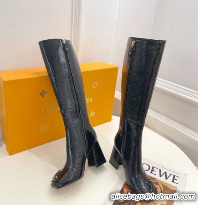 Grade Quality Louis Vuitton Shake Heel High Boots 9cm in Snakeskin-Like Leather Black 831034