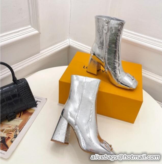 Stylish Louis Vuitton Shake Heel Ankle Boots 9cm in Snakeskin-Like Leather Silver 831035