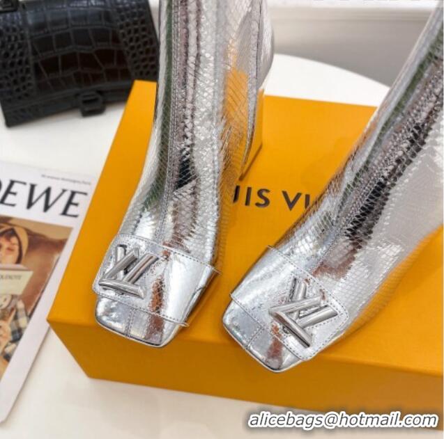 Stylish Louis Vuitton Shake Heel Ankle Boots 9cm in Snakeskin-Like Leather Silver 831035