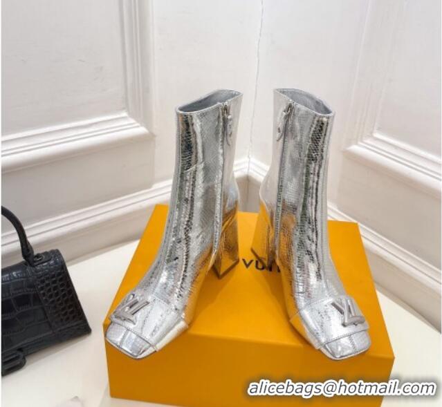 Stylish Louis Vuitton Shake Heel Ankle Boots 9cm in Snakeskin-Like Leather Silver 831035