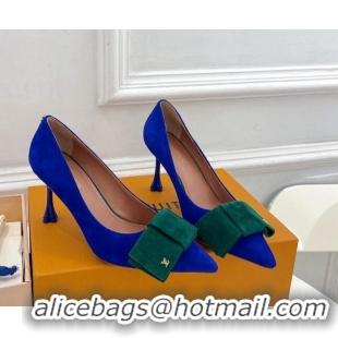 Popular Style Louis Vuitton Blossom Pumps with Bow 8cm in Suede Blue/Green 1ACART