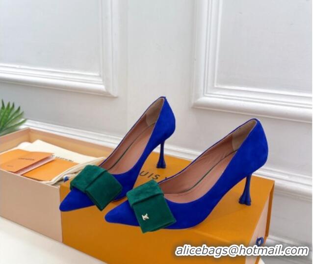 Popular Style Louis Vuitton Blossom Pumps with Bow 8cm in Suede Blue/Green 1ACART