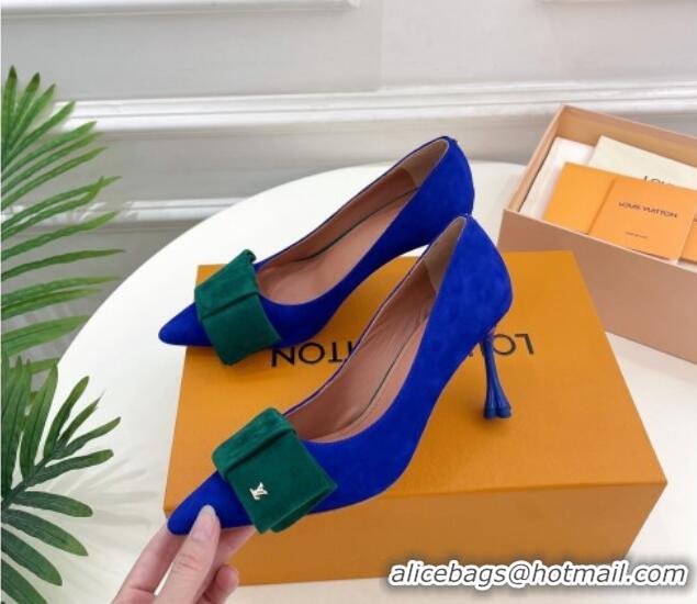 Popular Style Louis Vuitton Blossom Pumps with Bow 8cm in Suede Blue/Green 1ACART