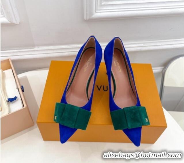 Popular Style Louis Vuitton Blossom Pumps with Bow 8cm in Suede Blue/Green 1ACART