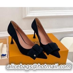 Good Quality Louis Vuitton Blossom Pumps with Bow 8cm in Suede Black 1ACART