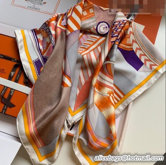 Promotional Hermes La Selle Imaginaire 100% Silk Square Scarf 90x90cm H51619 Orange/Grey 2023