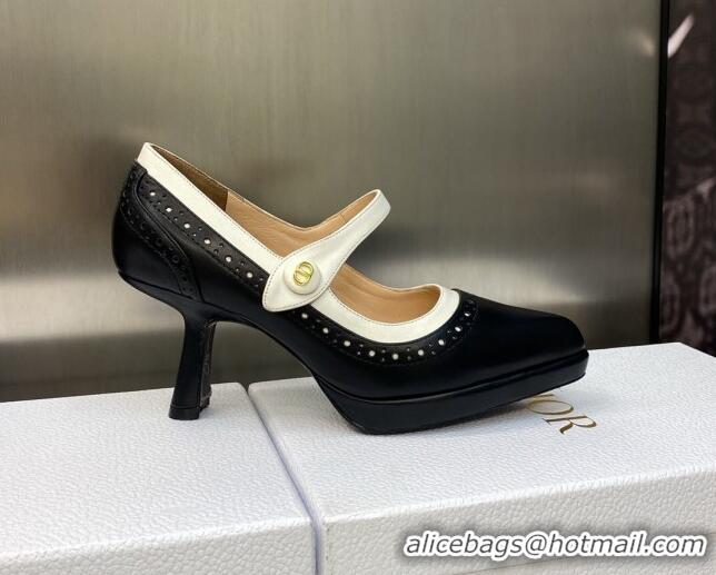 Luxury Dior Mary Janes Pumps 8cm in Perforated Calfskin Black/White 605018