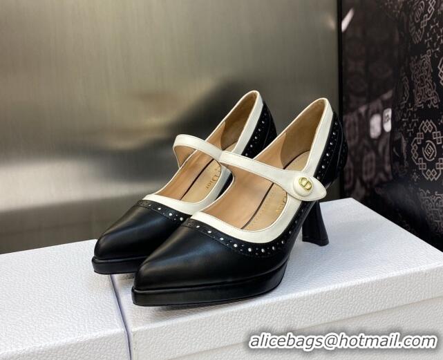 Luxury Dior Mary Janes Pumps 8cm in Perforated Calfskin Black/White 605018