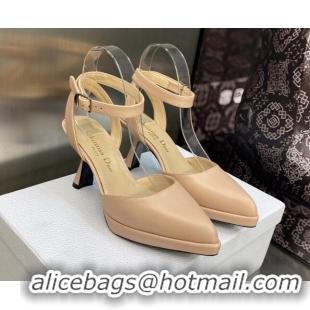 Discount Dior Calfskin Pumps 8cm with Ankle Strap Beige 605021