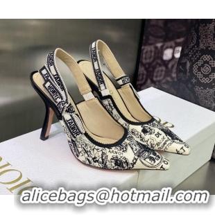 Popular Style Dior J'Adior Slingback Pumps 9.5cm in White and Black Cotton Embroidered with Plan de Paris Motif 605028