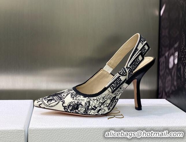 Popular Style Dior J'Adior Slingback Pumps 9.5cm in White and Black Cotton Embroidered with Plan de Paris Motif 605028