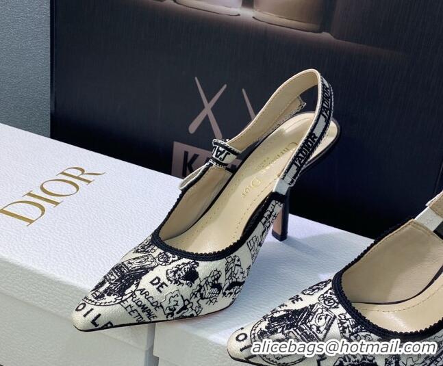 Popular Style Dior J'Adior Slingback Pumps 9.5cm in White and Black Cotton Embroidered with Plan de Paris Motif 605028