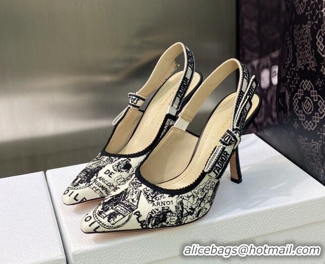 Popular Style Dior J'Adior Slingback Pumps 9.5cm in White and Black Cotton Embroidered with Plan de Paris Motif 605028