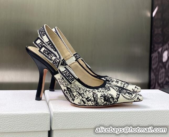 Popular Style Dior J'Adior Slingback Pumps 9.5cm in White and Black Cotton Embroidered with Plan de Paris Motif 605028