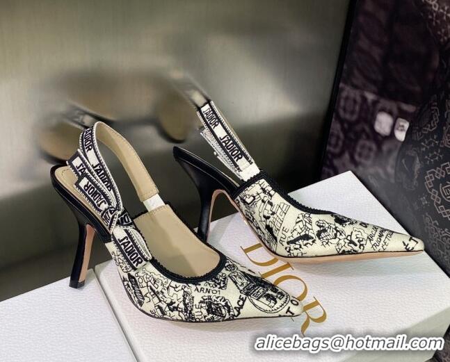 Popular Style Dior J'Adior Slingback Pumps 9.5cm in White and Black Cotton Embroidered with Plan de Paris Motif 605028