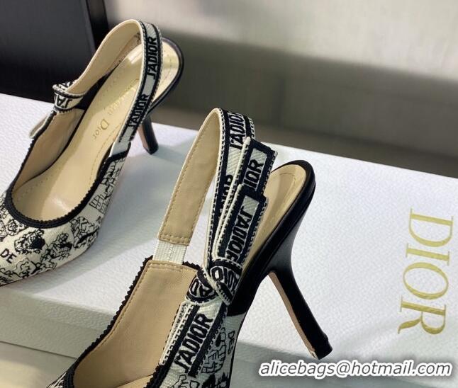 Popular Style Dior J'Adior Slingback Pumps 9.5cm in White and Black Cotton Embroidered with Plan de Paris Motif 605028