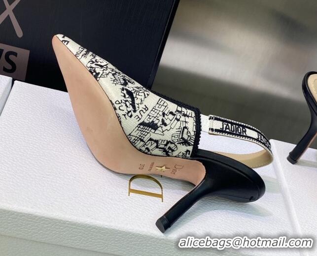 Popular Style Dior J'Adior Slingback Pumps 9.5cm in White and Black Cotton Embroidered with Plan de Paris Motif 605028