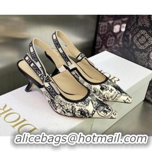 Good Product Dior J'Adior Slingback Pumps 6.5cm in White and Black Cotton Embroidered with Plan de Paris Motif 605029