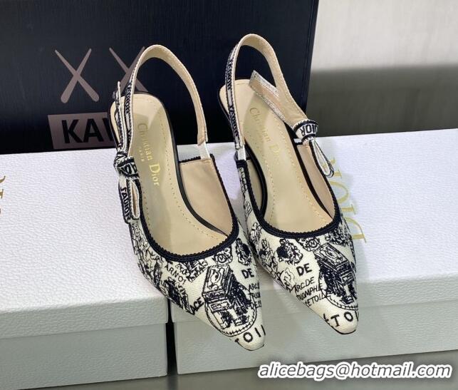 Good Product Dior J'Adior Slingback Pumps 6.5cm in White and Black Cotton Embroidered with Plan de Paris Motif 605029