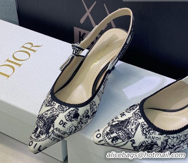 Good Product Dior J'Adior Slingback Pumps 6.5cm in White and Black Cotton Embroidered with Plan de Paris Motif 605029