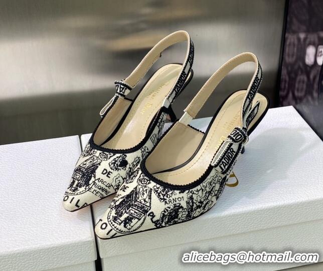 Good Product Dior J'Adior Slingback Pumps 6.5cm in White and Black Cotton Embroidered with Plan de Paris Motif 605029